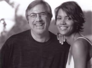 Black and white photo of Lawrence Grobel and Halle Berry